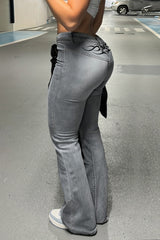 Vintage Printed Washed Low Waist Micro Flare Jeans