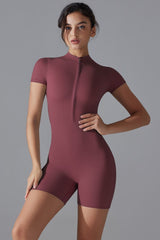Zipper Short Sleeve Slim Yoga Workout Jumpsuit