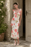Open Back Pearl Bow Fitted Floral Dress