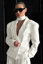 V-Neck Single Button Waist Tie Blazer
