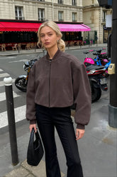 Retro Gray Suede Pilot Stand Collar Zip Jacket