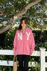 Embroidered Floral Print Zip Hoodie