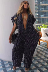 Distressed Denim Deep V Baggy Wide Leg Jumpsuit
