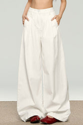 Ruched Textured White High Waist Wide Leg Pants