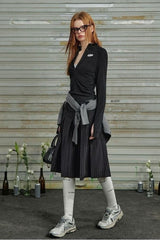 Striped Pleated Long Pencil Skirt