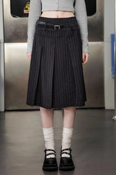 Striped Pleated Long Pencil Skirt