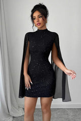 Shiny Printed Turtleneck Puff Sleeve Bodycon Cocktail Dress