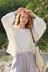 Lantern Sleeve Round Neck Blouse