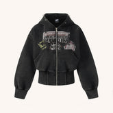 Heavy Washed Distressed Letter Print Zip Hoodie
