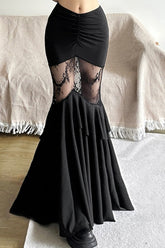 Black Lace Panel Tiered Maxi Skirt