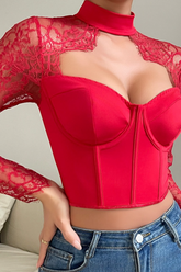 Sexy Slim Plunging Neck Lace Chic Long Sleeve Crop Top