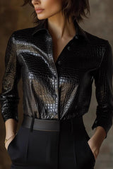 Snake Print Faux Leather Shiny Long Sleeve Chic Blouse