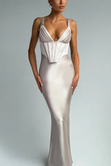 V-Neck Bone Detail Silk Dress
