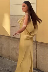 Draped Neck Backless Waist Cinch Elegant Sexy Formal Dress