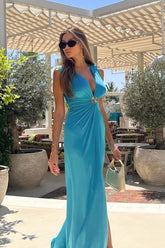 Deep V-Neck Backless Slit Birthday Dress