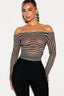 Striped Mesh Off Shoulder Long Sleeve T-shirts