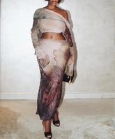 Aesthetic Print Drawstring Maxi Two Piece Skirt Set