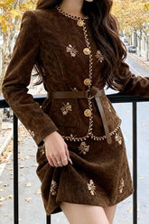 Boucle Style Corduroy Shirt Skirt Tweed Suit Set