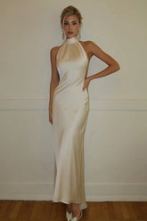 Halter Sash Open Back Reception Dress