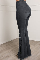 High Waist Stretch Slim Beaded Flare Loose Jeans