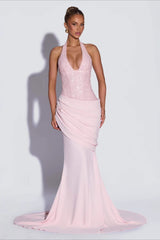 Sequin Patch Halter Deep V Ruched Train Maxi Bodycon Dress