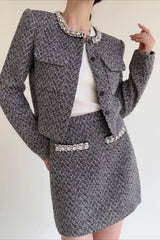 Gray Herringbone Boucle Skirt Tweed Suit Set