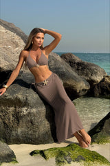 Sexy Solid Mesh Long Skirt Three Piece Swim Set
