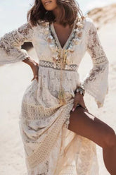 Lace Paneled Fringed Flared Boho Dress