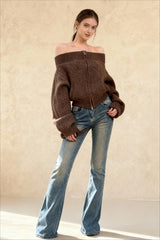 Retro Zip Off-Shoulder Slim-Fit One-Size Knit Cardigan