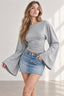 Solid Crew Neck Wide Sleeve Waist Cinched Long Sleeve Tee
