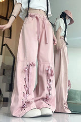 Pink Bow Tie Wide Leg Cargo Jeans