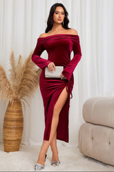 Burgundy Off-Shoulder High Slit Sexy Midi Dress