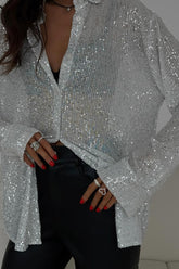 Sequin Collared Long Sleeve Sexy Glamorous Blouse