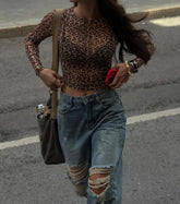 Leopard Printed Mesh Bodycon Long Sleeve Sheer Top