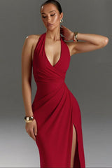 Halter Backless Tie High-Slit Ruched Sexy Formal Dress