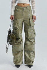 Multi Pocket PU Paneled Loose Wide Leg Cargo Pants