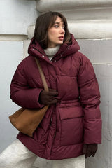 Burgundy Hooded Tie-Waist Zippered Cotton Coat Burgundy / S