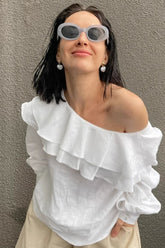 Slash Neck Ruffle Trim Blouse