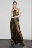 Metallic Pleated Slit Tie Halter Sleeveless Formal Dress