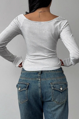 Striped Deep U Neck Ribbed Long Sleeve Knit Crop Top
