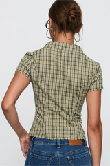 British Style Plaid Ruffled V Neck Puff Sleeve Tie Waist Blouse