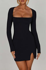 Sexy Square Neck Long Sleeve Slit Bodycon Dress