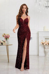 V Neck Slit Sequin Slip Prom Dress