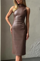 Elegant Sleeveless Stand Up Collar PU Leather Solid Color Slit Cocktail Dress