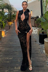 Hollow Out Ruched High Split Bodycon Lace Dress