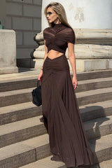 Sexy Crew Neck Ruched Crop Solid Mesh Formal Dress