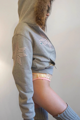 Glam Rhinestone Faux Fur Collar Zip Waist Cinch Hoodie