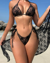 Mesh Sarong Lace Halter High Cut Three Piece Swim Sets