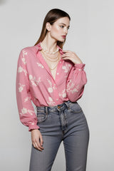 Printed Collared Lantern Sleeve Elegant Long Sleeve Blouse