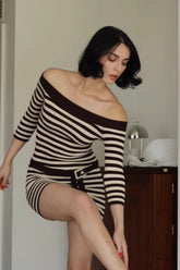 Striped Off-Shoulder Knit Bodycon Mini Sweater Dress